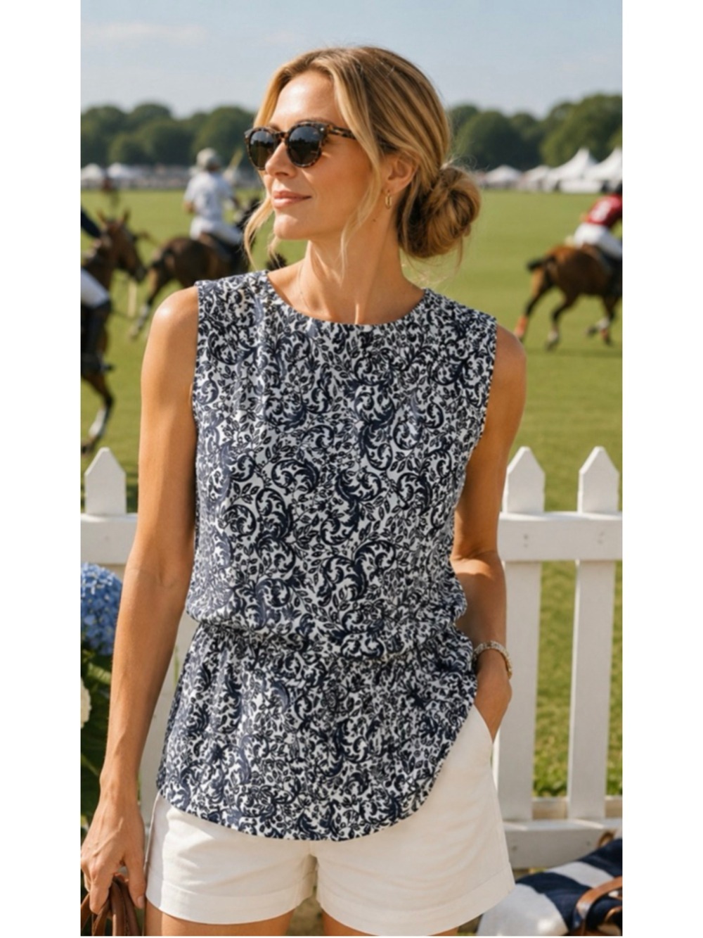 New MM.LAFLEUR Navy & White Floral Sleeveless Blouse, Size 8